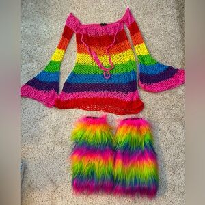 DOLLS KILL (CLUB EXX) Rainbow Crochet/Knit Dress and Furry Leg Warmers Set